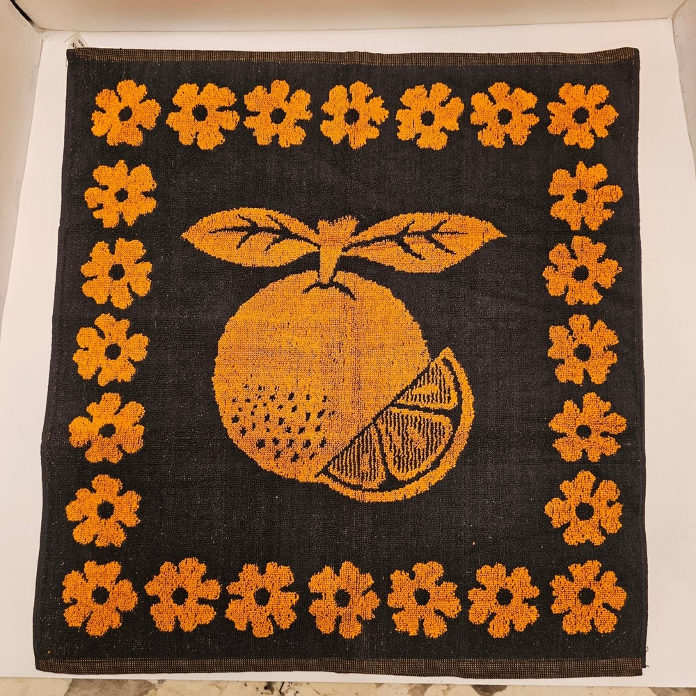 2 Vintage Orange Fruit Floral Cotton Hand Towel Black Orange Made in Portugal 19